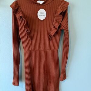 Lost + Wander Ribbed Ruffle Dress in Rust